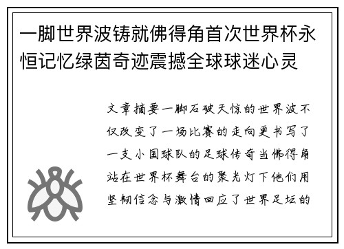 一脚世界波铸就佛得角首次世界杯永恒记忆绿茵奇迹震撼全球球迷心灵